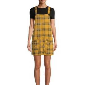 No Boundaries Juniors' Double Knit Pinafore Dress, Plaid Mustard Size 7-9